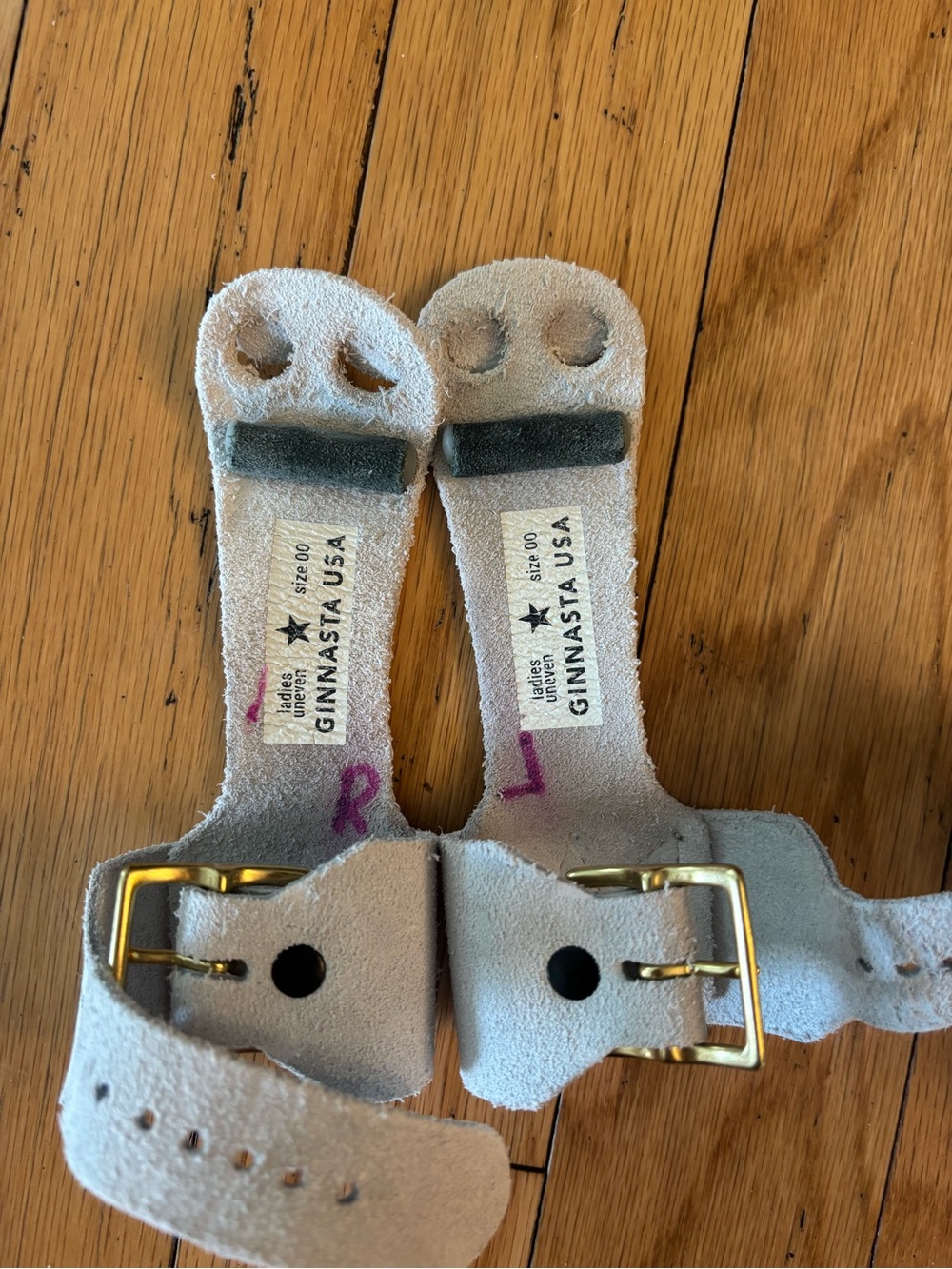 Kids White Suede Gymnastics Hand Grips with Gold Buckles